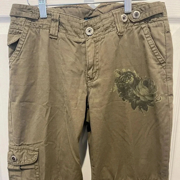 Vintage Y2K Low Rise Wide Khaki Green Cargo Pants Floral Whimsygoth Retro 8 - Picture 2 of 5